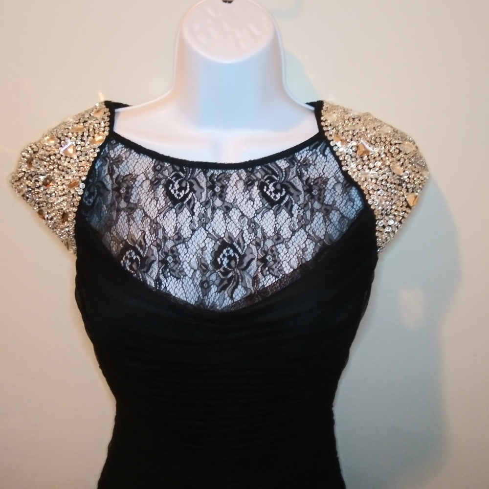 Jovani Sexy Black Rhinestone & Bead Studded Cap Sleeved Cocktail Dress - Picture 2 of 16